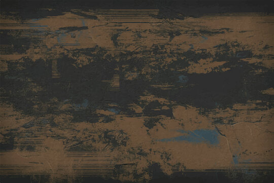 Abstract dark brown and blue paint strokes on a textured surface grunge background with messy brushwork and scratches.