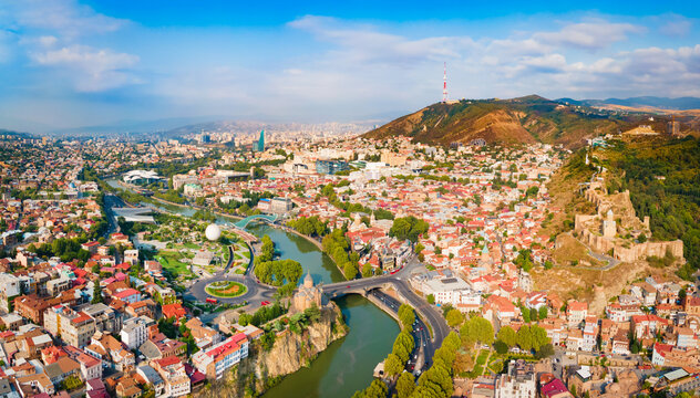 Tbilisi old town aerial panoramic view