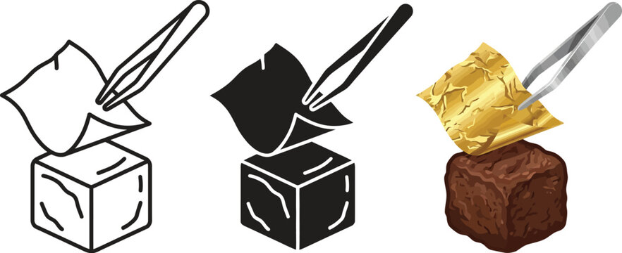 Gold foil being applied to a chocolate truffle with minimalist vector icons illustrating the application process isolated on white