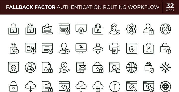 Fallback Factor Authentication Routing Workflow Icon Set Featuring Multi Layer Security Access Control and Identity Protection Concepts