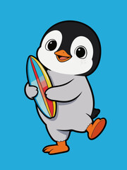 Fototapeta premium A flat vector illustration of a cute baby penguin holding a colorful surfboard, walking happily against a solid blue background.