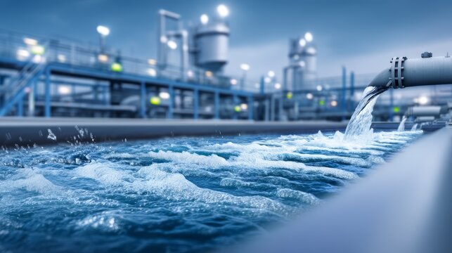 Industrial water treatment plant with flowing water and modern facility structure