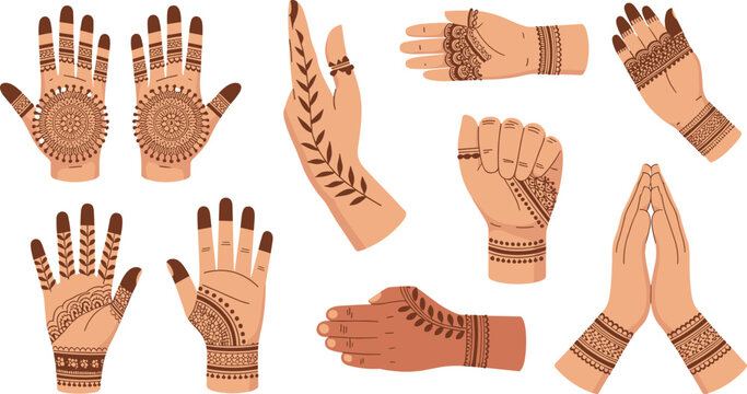 Traditional Henna Mehndi Hand Design Vector Element Set Featuring Beautiful Indian Floral Patterns and Hand Gestures for Wedding and Cultural Celebrations