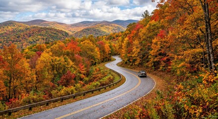 Fototapeta premium Winding road through vibrant autumn landscape with mountains
