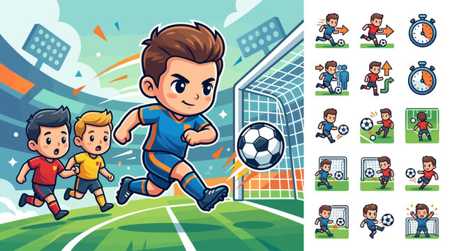 Chibi Style Vector Illustration of a Young Male Soccer Player in Blue Uniform Kicking a Football Towards a Goal at a Stadium with Gameplay UI Icons Set for Mobile Game Interface.