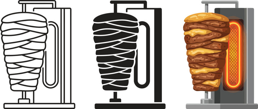 Set of kebab and shawarma icons featuring outline silhouette and colorful vector illustrations for food menus and apps