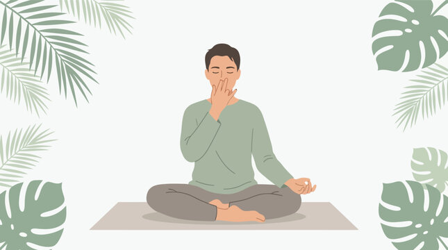 Flat vector illustration of a man practicing Nadi Shodhana pranayama yoga breathing exercise sitting cross-legged on a mat surrounded by tropical monstera and palm leaves on a white background.