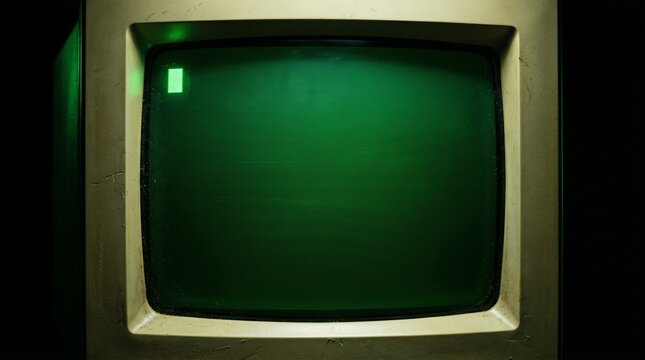 Vintage Computer Monitor With Glowing Green Screen And Cursor