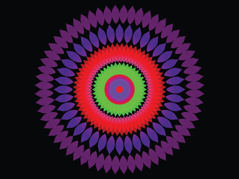 Colorful abstract mandala burst with radial symmetry, neon gradient layers, geometric floral circle background for wallpaper, branding, textile and digital artwork use.