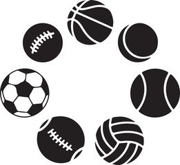 Fototapeta premium Collection of various sports balls arranged in a circular pattern on a solid white background