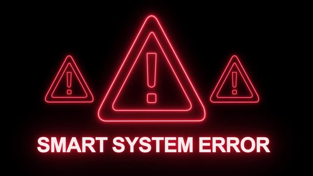 Glowing red neon smart system error warning sign animation featuring pulsing triangular hazard and digital text alerts for cybersecurity breach, software failure, network malfunction, and it security