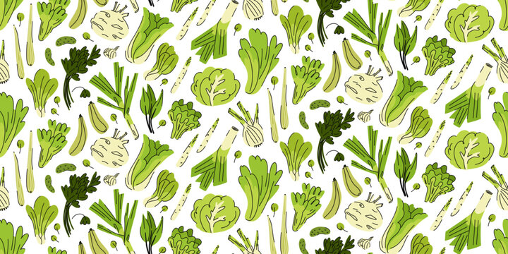 Seamless pattern with green vegetables and herbs for local farmers market, smoothie ingredients