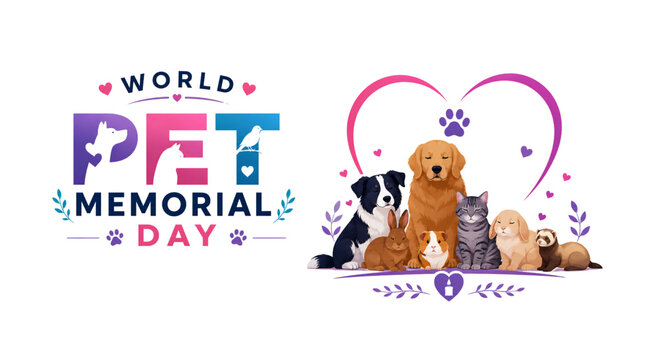 World Pet Memorial Day vector illustration with dog cat rabbit guinea pig and small animal tribute design heart paw remembrance symbols isolated transparent background