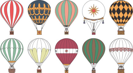 Obraz premium Vintage Hot Air Balloon Vector Illustration Collection Featuring Diverse Retro Geometric Patterns Stripes Checkered Harlequin and Sun Decor Elements for Travel Designs