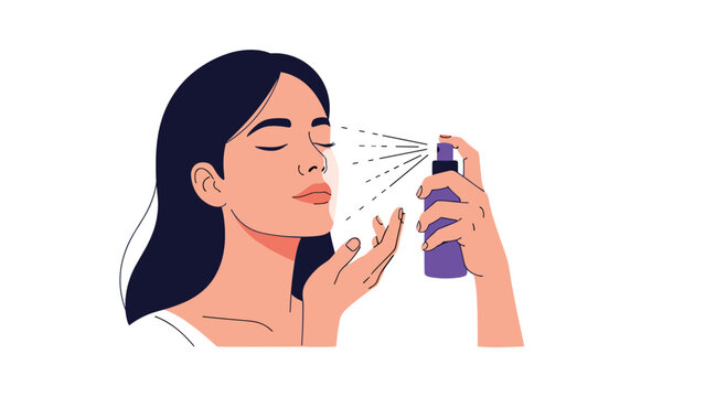 Beautiful young woman closing her eyes while applying a refreshing face spray or moisturizing mist from a purple bottle.