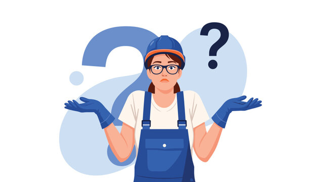 Female industrial worker wearing a blue hard hat and overalls looking confused and shrugging her shoulders with a large question mark behind her.