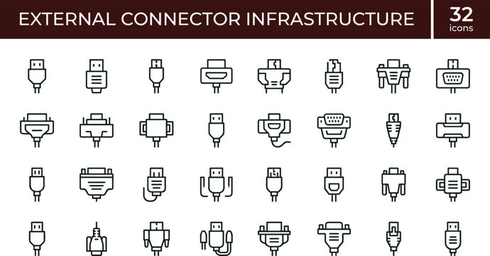 External Connector Infrastructure Icon Set Featuring Hardware Interfaces Network Connectivity and Communication Technology Concepts