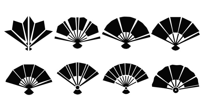 Vector illustration of set of traditional japanese folding fans, various styles and designs on a transparent background