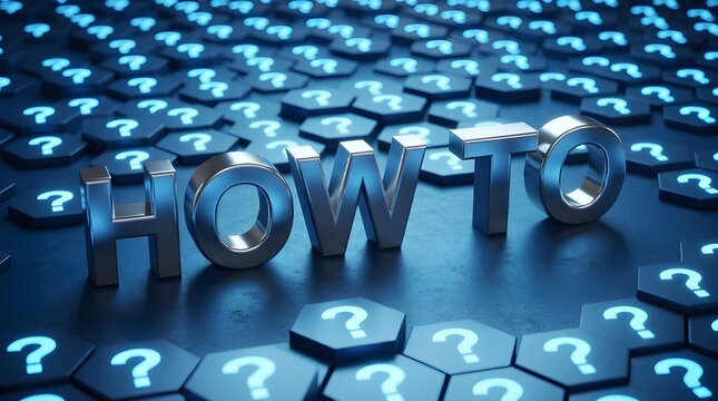 3D Metallic "How To" Text Surrounded by Glowing Blue Question Marks