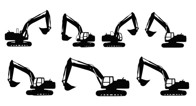 Vector illustration of set of excavator silhouettes in different positions on a transparent background