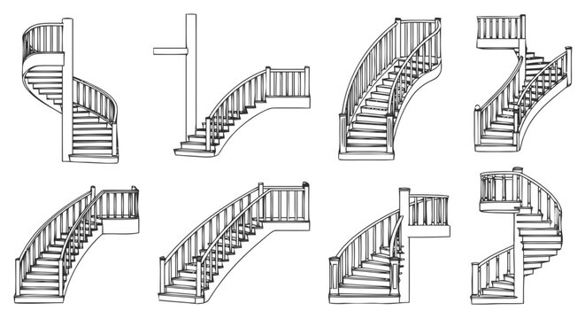 Vector illustration of set of various curved and spiral staircase designs on a transparent background
