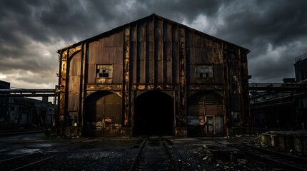 Obraz premium Abandoned Industrial Warehouse Under Moody Overcast Sky