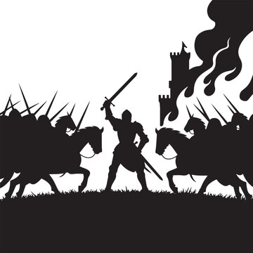 Silhouette of lone knight commander rallying troops during medieval siege battle near castle.