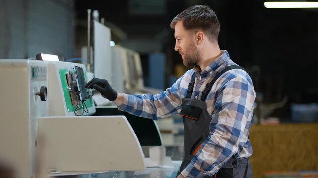 Professional caucasian male operator working on industrial printing machine