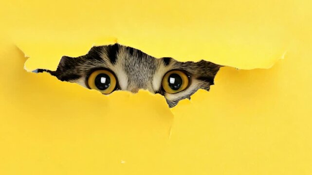 Curious cat eyes peering through torn yellow paper, playful feline peeking, isolated on white