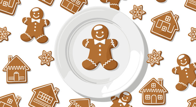 Charming gingerbread cookies arranged on a white plate with festive background of gingerbread houses and stars, creating a whimsical holiday scene