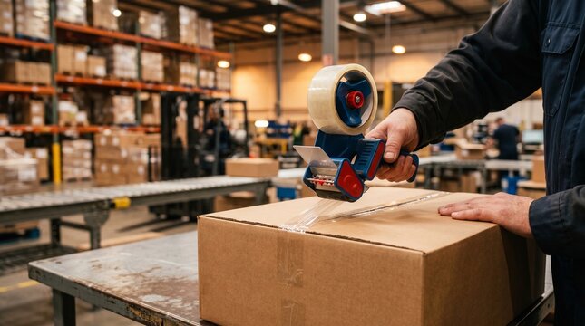 Person sealing a cardboard box with tape on a table in a warehouse