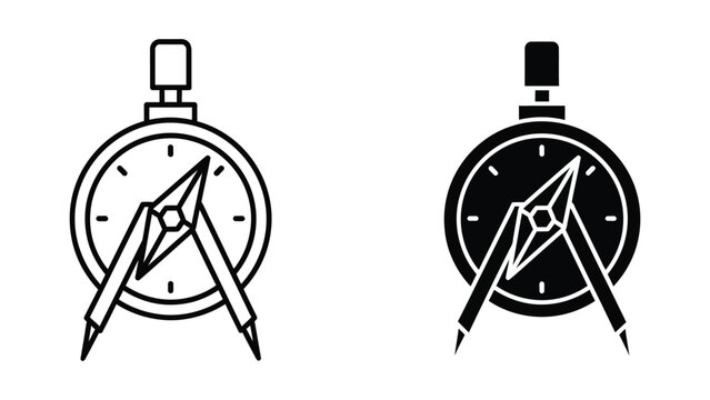 Minimalist clock with compass and ruler vector icons