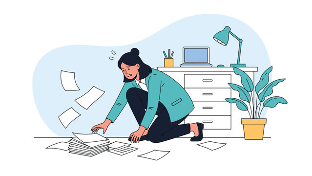 Overwhelmed office worker in a green blazer frantically tries to collect a large pile of papers that have fallen on the floor by her desk.
