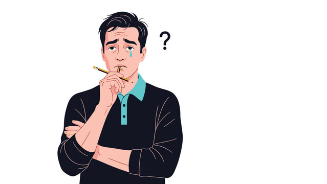 Worried man holding a pencil to his chin thinking deeply with a question mark and tear on a white background.