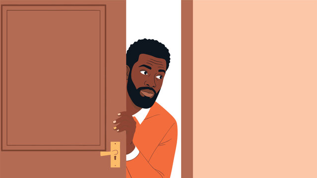 Curious bearded man wearing an orange sweater peeks through a cracked door to secretly observe or eavesdrop on a conversation.