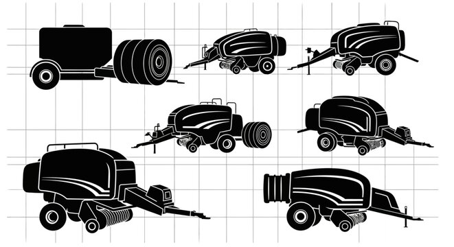 Black silhouettes of various industrial farming equipment including balers and tractors on a grid background