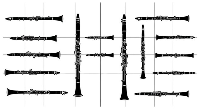 Various black and white oboe musical instruments arranged in rows on a grid background