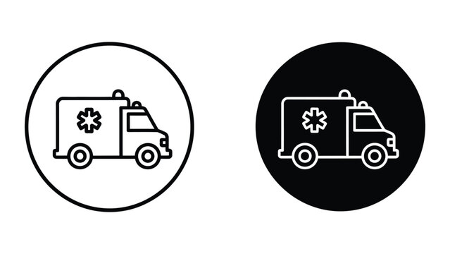 Ambulance truck icon with star of life symbol on white and black backgrounds