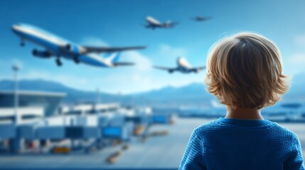 Fototapeta premium Young Child at Airport Observation Deck Watching Airplanes Departing