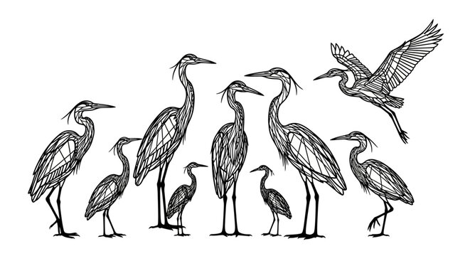A group of herons standing and flying in various poses black and white illustration simple background