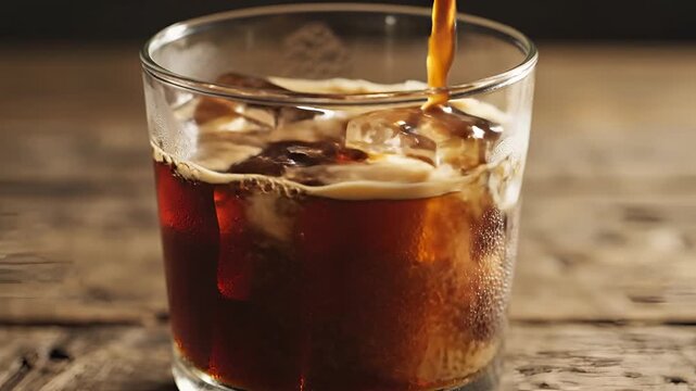 Pouring Cold Brew Coffee Over Ice Cubes in a Glass.