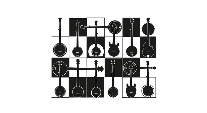 Guitars and banjos arranged on a checkerboard pattern background with musical instruments