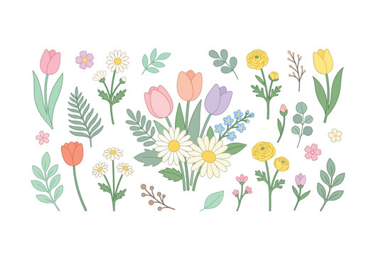 Colorful spring flowers including tulips daisies and ranunculus arranged in a beautiful bouquet collection featuring various green foliage elements and delicate buds
