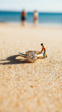 Engagement ring rests on sandy beach. Miniature figure pushes ring toward ocean. Couple walks on shore in distance. Shallow depth of field creates soft focus background.