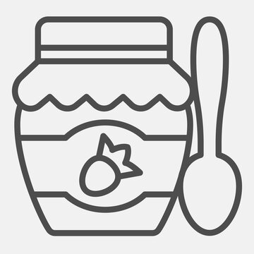 Jar of strawberry jam line icon, sweet food concept. Vector graphics. Jam jar with tablespoon sign with outline style for mobile or web design.