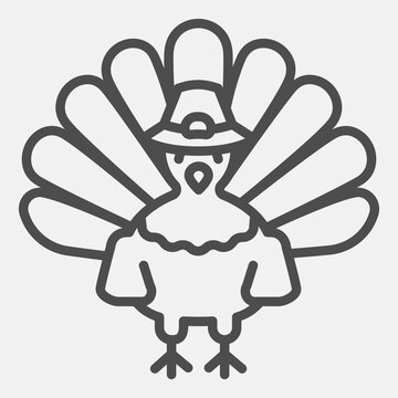 Turkey with spread tail and farmer hat line icon, thanksgiving day concept. Vector graphics. Turkey bird sign with outline style for mobile or web design.