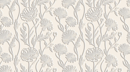 Fototapeta premium Embossed Botanical Texture Relief Background Soft Monochrome Clean Smooth White Wall Texture Decorative Panel Interior Design Organic Nature Inspired Artistic