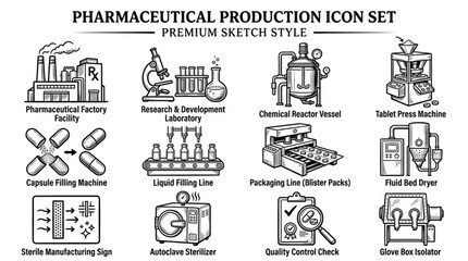 Naklejka premium Pharmaceutical Production Icon Set Premium Sketch Style.
