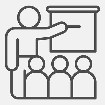 Teacher man with pointer and students line icon, teachers day concept. Vector graphics. Man at the blackboard sign with outline style for mobile or web design.
