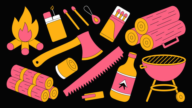 camping equipment illustration featuring a campfire axe logs and barbecue grill on a black background